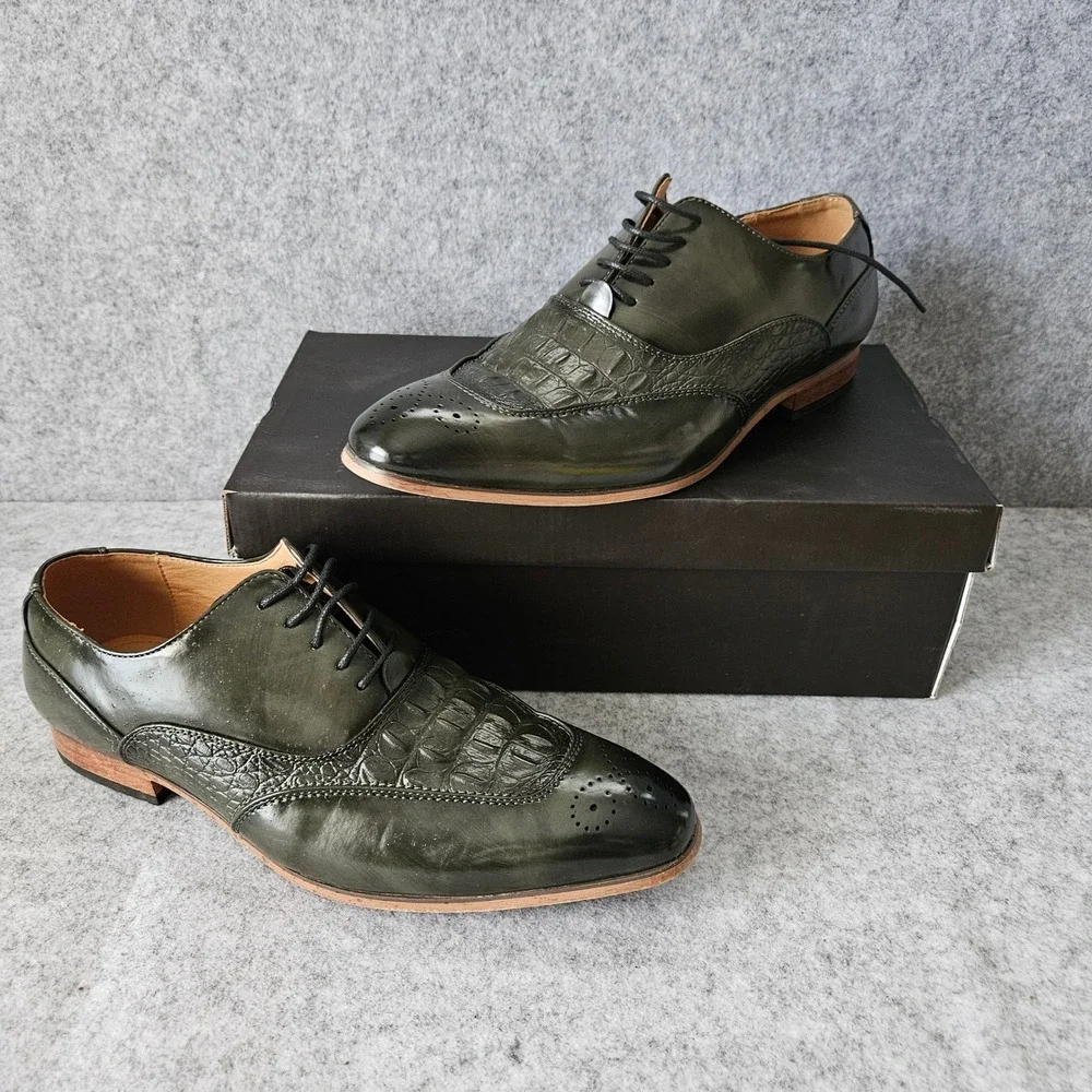 Romano Pietro Olive Green Crocodile Embossed Wingtip Brogue Oxford Shoes 10.5